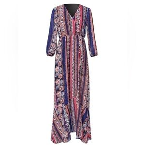 Venus women’s printed striped maxi dress 3/4 sheer sleeves v neckline size 6